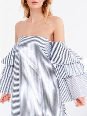Faithfull the Brand Blue & White Striped Off-Shoulder Ruffled Mini Dress